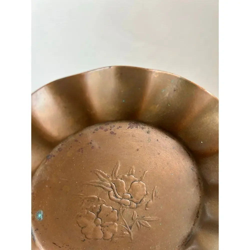 Vintage Copper Scalloped Dish Embossed Floral Poppy Design Trinket Tray